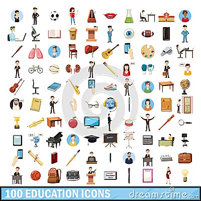 100 education icons set, cartoon style Vector Illustration