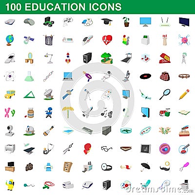 100 education icons set, cartoon style Vector Illustration