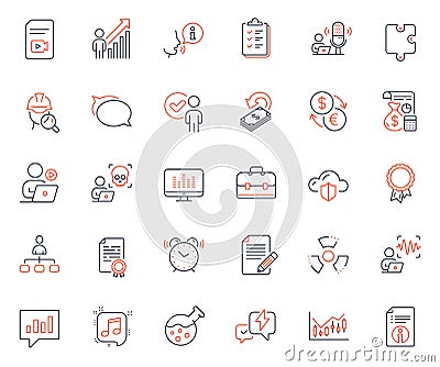 Education icons set. Included icon as Musical note, Verification person and Financial diagram web elements. Vector Vector Illustration