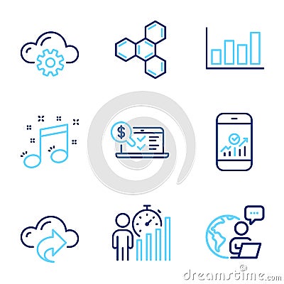 Education icons set. Included icon as Report diagram, Cloud share, Musical note signs. Vector Vector Illustration