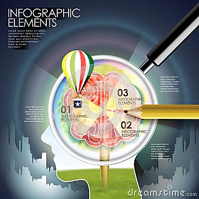 Education infographic with a brain and magnifying glass Vector Illustration