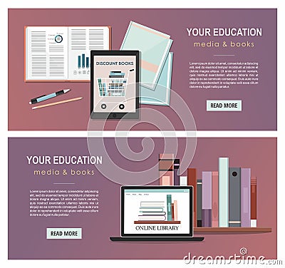 Education infographic with pile of books, tablet and laptop. School accessories. Back to school. Vector Illustration