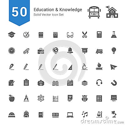 Education and Knowledge Icon Set. 50 Solid Vector Icons. Vector Illustration