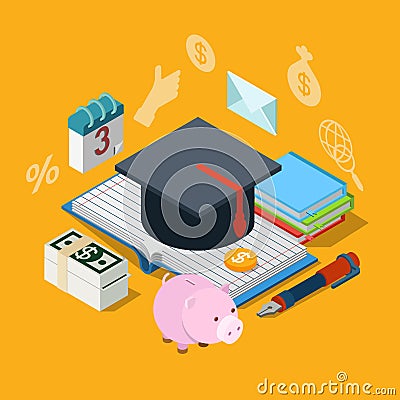 Education knowledge tuition fee credit loan flat 3d isometric Vector Illustration