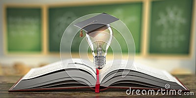 Education, learning on school and university or idea concept. Open book with light bulb and graduation cap on classroom blackboard Cartoon Illustration