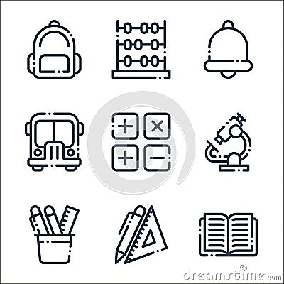 education line icons. linear set. quality vector line set such as book, stationery, pencil holder, microscope, calculator, school Vector Illustration