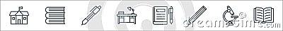 education line icons. linear set. quality vector line set such as open book, microscope, pencil, book, table, ballpoint, books Vector Illustration