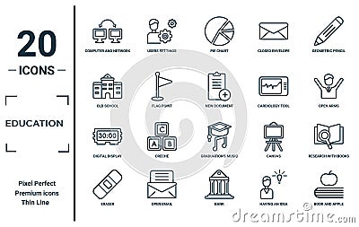 education linear icon set. includes thin line computer and network, old school, digital display 30, eraser, book and apple, new Vector Illustration