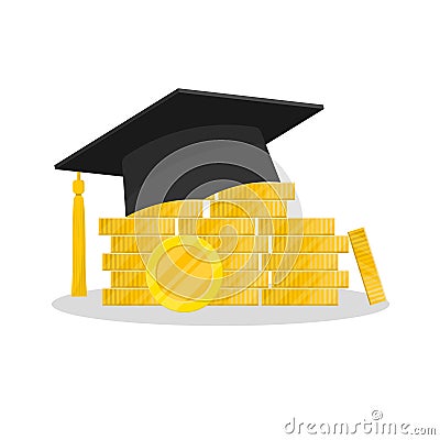 Education loan. Graduation hat and stack of coins Vector Illustration