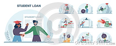 Education loan set. Student characters paying debt for education. Cartoon Illustration