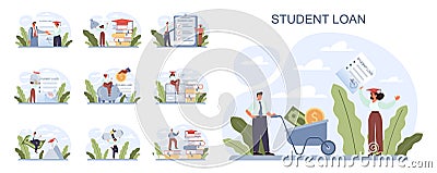 Education loan set. Student characters paying debt for education. Vector Illustration