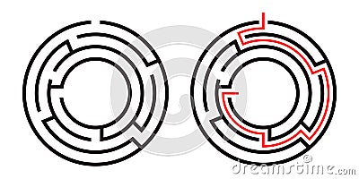 Education logic game circle labyrinth for kids. Find right way. Isolated simple round maze black line on white background. Vector Illustration