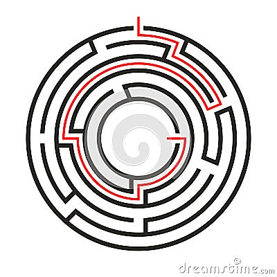 Education logic game circle labyrinth for kids. Find right way. Isolated simple round maze black line on white Vector Illustration