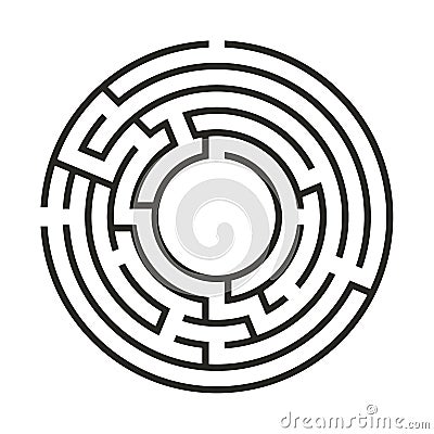 Education logic game labyrinth for kids. Find right way. Isolated simple round maze black line on white background. Vector Illustration