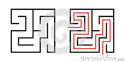Education logic game labyrinth for kids. Find right way. Isolated simple square maze black line on white background. Vector Illustration
