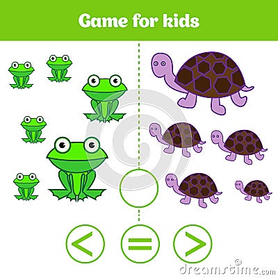 Education logic game for preschool kids. Choose the correct answer. More, less or equal Vector illustration. Animal pictures for k Cartoon Illustration