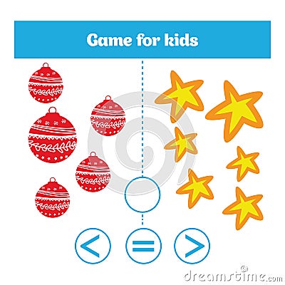 Education logic game for preschool kids. Choose the correct answer. More, less or equal Vector illustration. Christmas Xmas and Ne Cartoon Illustration