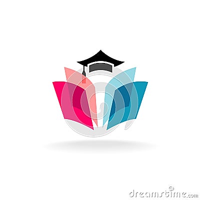 Education logo concept with graduation cap and open book pages. Vector Illustration