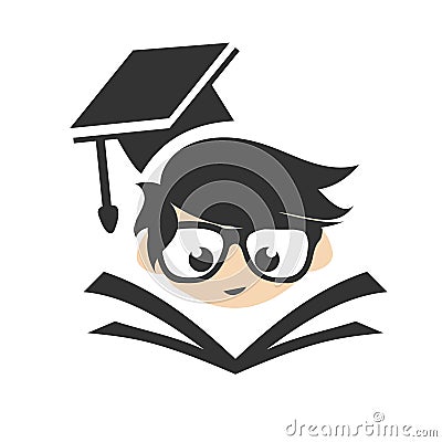 Education logo. Cool geek reading a book with cap cartoon vector illustration Vector Illustration