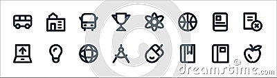 education material line icons. linear set. quality vector line set such as apple, bookmark, divider, upload file, book, school bus Vector Illustration