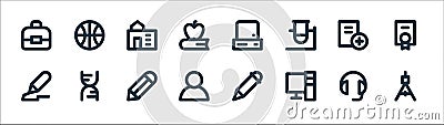Education material line icons. linear set. quality vector line set such as compass, user, pencil, add file, school, printer, Vector Illustration