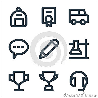 education material line icons. linear set. quality vector line set such as headphone, trophy, trophy, experiment, pencil, chat Vector Illustration