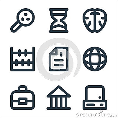 education material line icons. linear set. quality vector line set such as printer, bank, portfolio, globe, file, abacus, brain, Vector Illustration