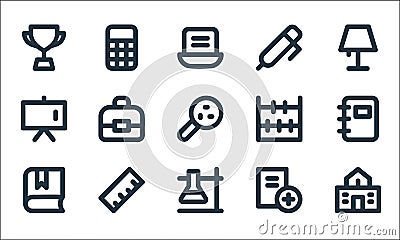 Education material line icons. linear set. quality vector line set such as school, experiment, book, add file, ruler, whiteboard, Vector Illustration