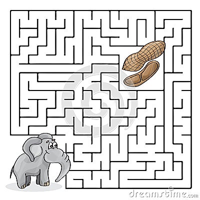 Education Maze or Labyrinth Game for Children with Cute Elephant and Peanuts Vector Illustration