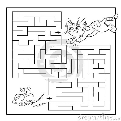 Education Maze or Labyrinth Game for Preschool Children. Puzzle. Coloring Page Outline Of cat with toy mouse. Vector Illustration