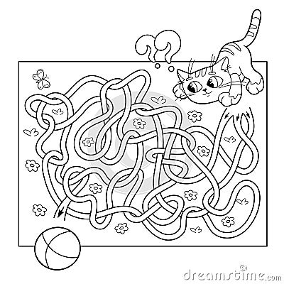 Education Maze or Labyrinth Game for Preschool Children. Puzzle. Tangled Road. Coloring Page Outline Of cat with ball Vector Illustration