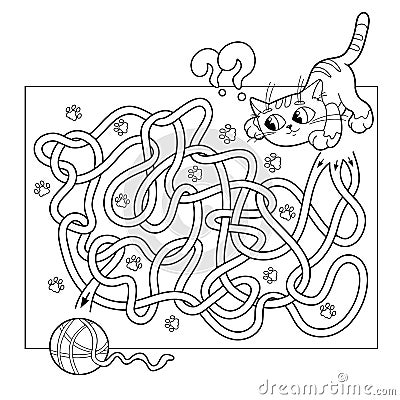 Education Maze or Labyrinth Game for Preschool Children. Puzzle. Tangled Road. Coloring Page Outline Of cat with ball of yarn Vector Illustration