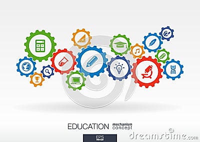 Education mechanism concept. Abstract background with connected gears and icons for elearning, knowledge concepts Vector Illustration