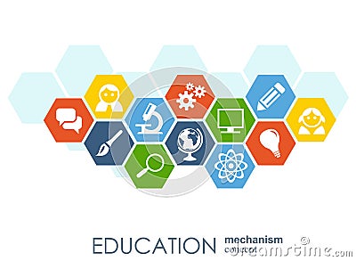 Education network. Hexagon abstract background with lines, polygons, and integrate flat icons. Connected symbols for Vector Illustration