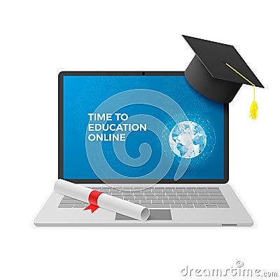 Education Online Concept. Notebook with Graduation Hat and Diploma and Education Online Text on Screen. Vector Illustration