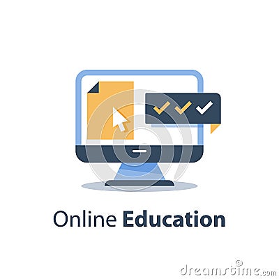 Cursor on monitor, submit document file, registration and enrollment, education online course, web training class, distant exam Vector Illustration