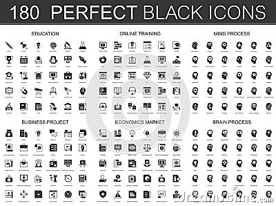 Education, online learning, brain mind process, business project, economics market black classic icon set. Vector Illustration