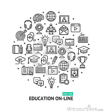 Education Online Round Design Template Thin Line Icon Concept. Vector Vector Illustration