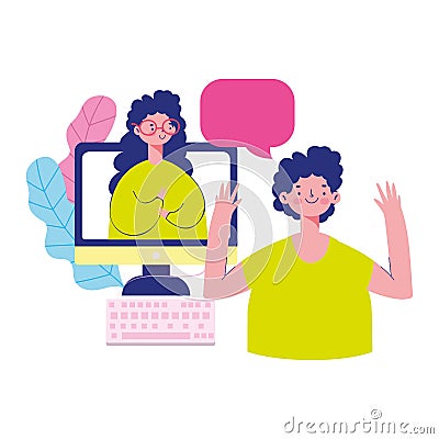 Education online, students boy and girl computer talking Vector Illustration