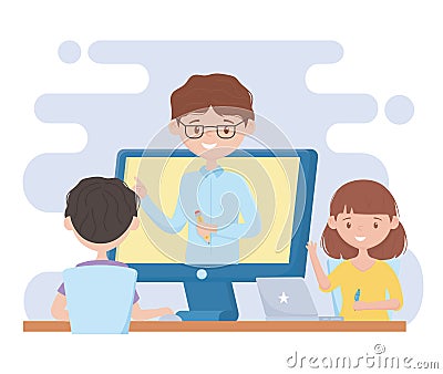 Education online students with laptop watching class teacher Vector Illustration