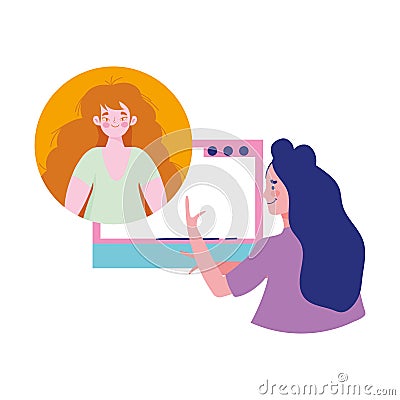 Education online, teacher explaining girl student web virtual Vector Illustration