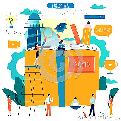 Education, online training courses, distance education flat vector illustration. Internet studying, online book, tutorials, e-le Vector Illustration