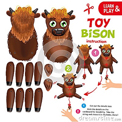 Education paper toy for preschool kid. Follow instructions collect african bison. Game for children. Illustration of cartoon Stock Photo