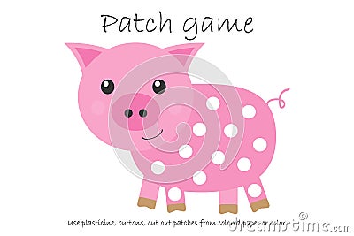 Education Patch game pig for children to develop motor skills, use plasticine patches, buttons, colored paper or color the page, Stock Photo