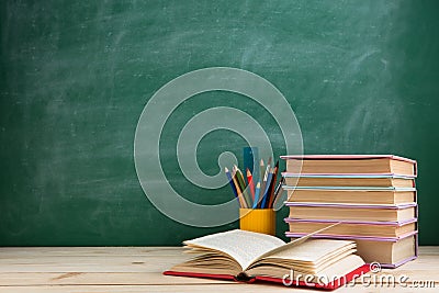 Education and reading concept - group of colorful books on the wooden table in the classroom, blackboard background Stock Photo