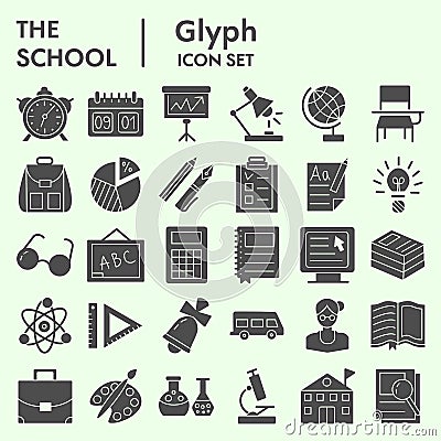 Education and school solid icon set, study symbols set collection or vector sketches. Knowledge signs set for computer Vector Illustration