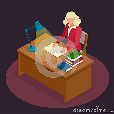 Education and school, study and literature. Flat isometric young man sitting in the library and reading a book, journal Vector Illustration