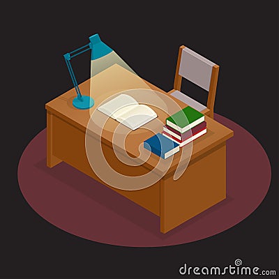 Education and school, study and literature. Flat isometrictable with a book and a lamp in the library a book, journal or Vector Illustration