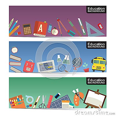 Education School Supplies Flat Icon Stuff Three Horizontal Banner Set Vector Illustration