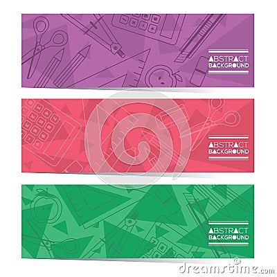 Education School Supplies Lined Icon Stuff Three Horizontal Banner Set Vector Illustration